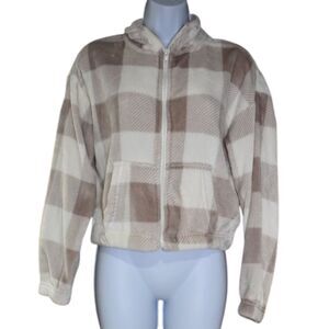 Womens Plaid Zip Up Fleece Jacket Size Small Beige White Collared